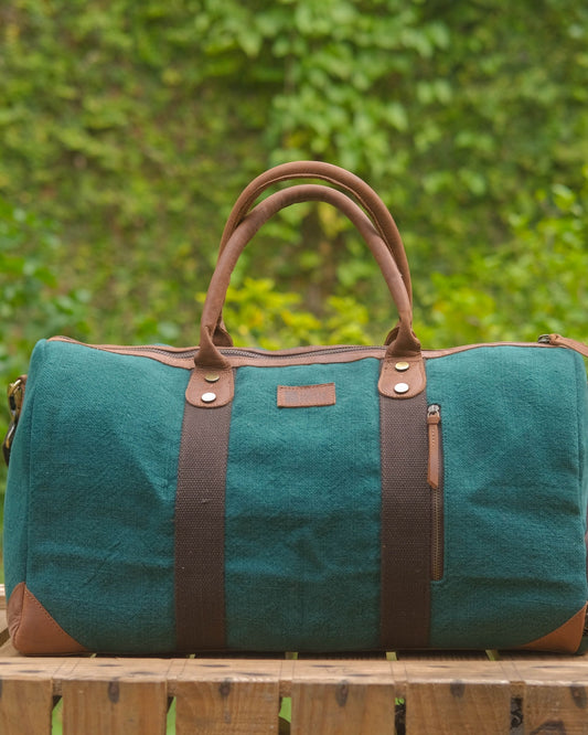 Bottle Green Mini Duffel 2.0 front view showing top handles and leather trim